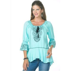 Woman's Tunic Top Blouse Aqua Blue Krista Lee Tranquil Embroidery Beaded Hi-Lo